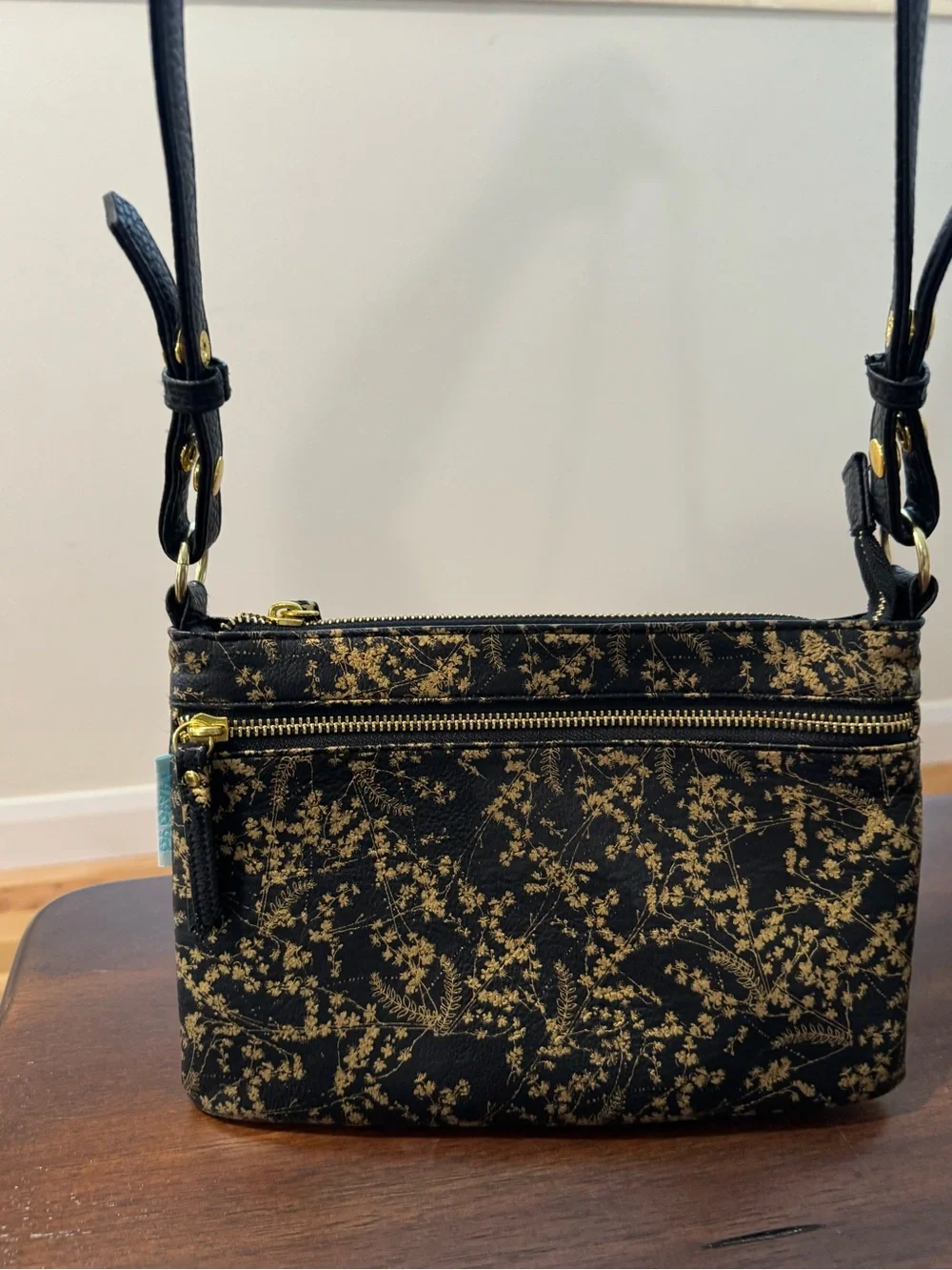 PAPAYA! Art Black Gold Floral Botanical Vegan Leather Crossbody Bag NWOT